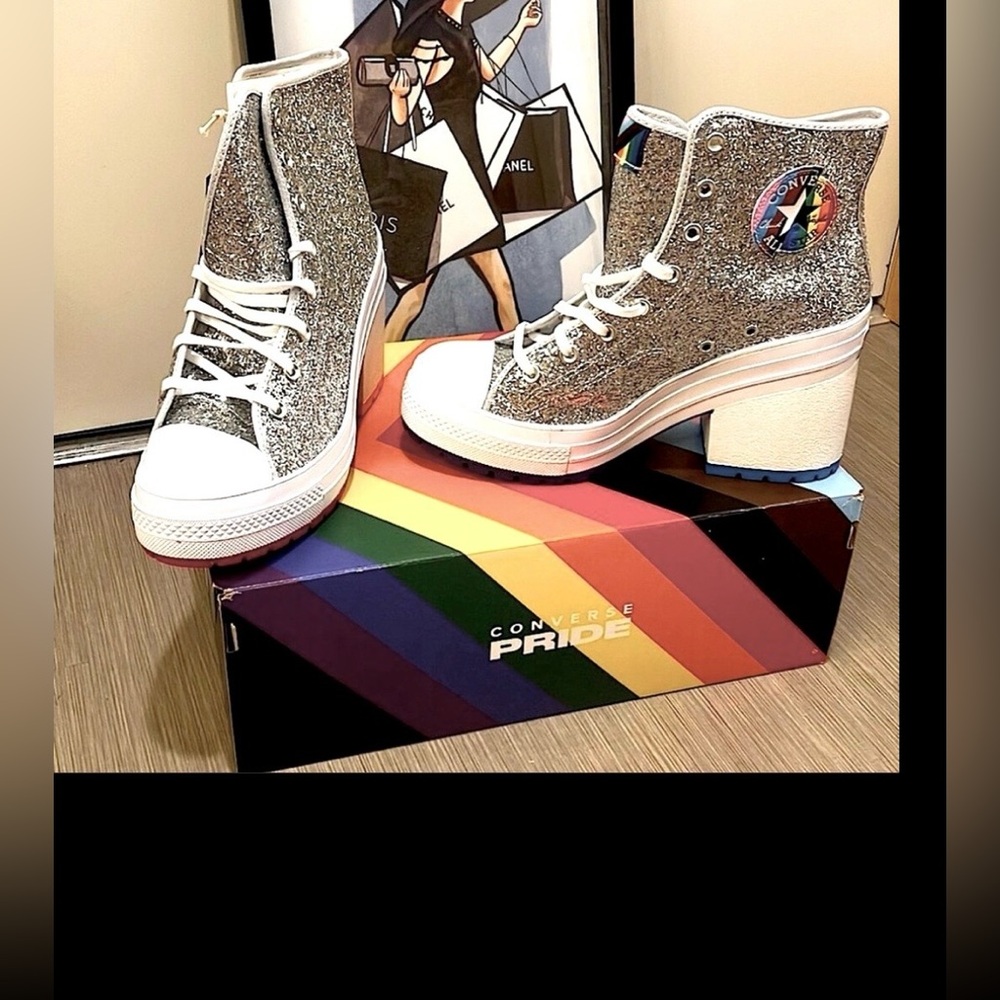 Converse Chuck 70 De Luxe Heel Pride High Top Silver Glitter Shoe size 10.5 NWT